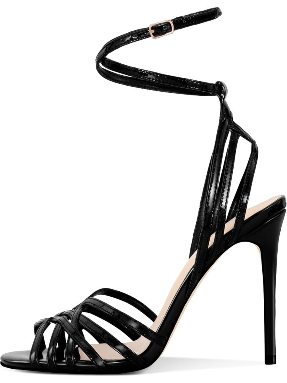 Women's Black Strappy Lace up Slingback Stiletto Heeled Open Square Toe Shoes - Picture 4 of 6